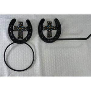 2 PIECE‎ Cross HORSESHOE BATHROOM SET RUSTIC WESTERN DECOR TP Holder Towel Ring